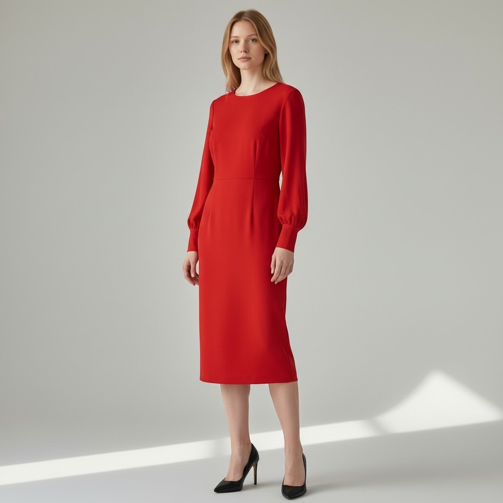 Belle Badgley Mischka Dress Women 12 Red Long Balloon Sleeve Sheath Round Neck